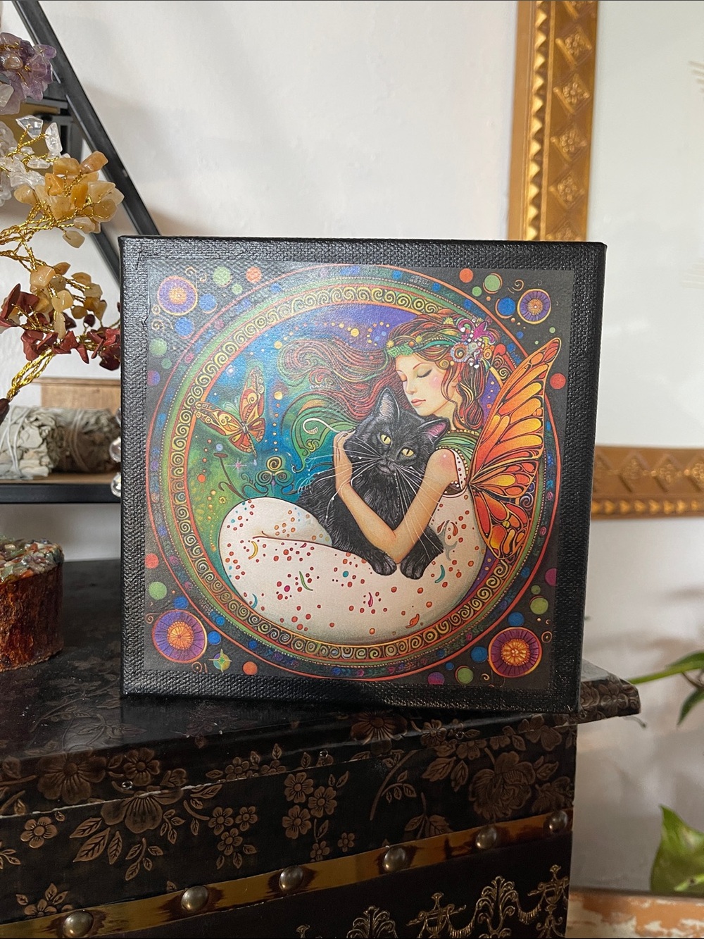 Whimsical Fairy with Black Cat Canvas Art - Multicolor